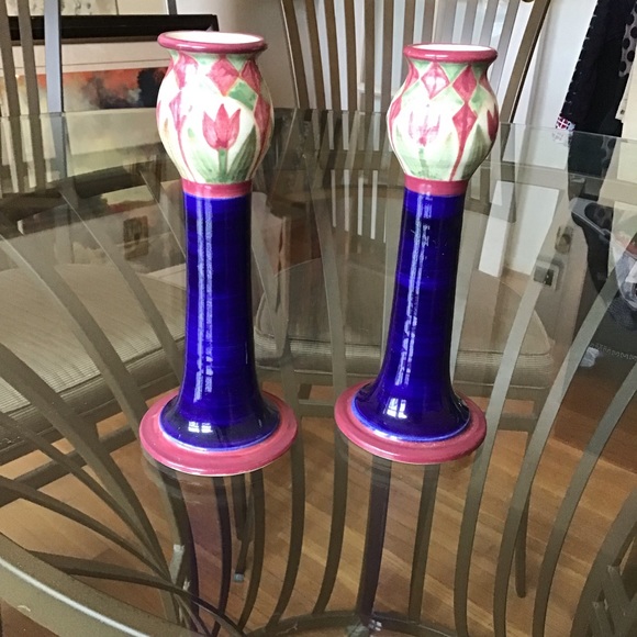 A. Suman Santa Barbara Handpainted Thrown Pottery Candlestick Pair Beautiful - Picture 2 of 9